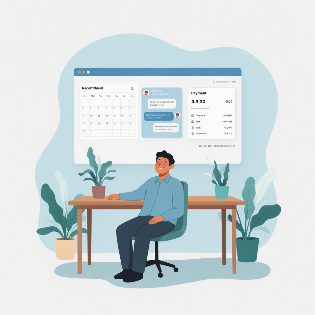 Relaxed school owner at a tidy desk in front of a single unified SchoolBreeze dashboard combining calendar, chat, and payments